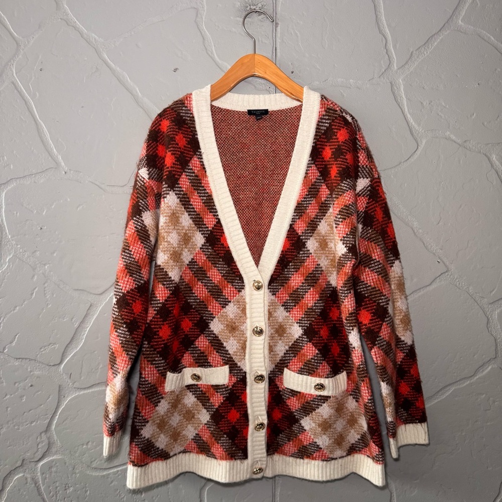 Talbots Petite Plaid Knit Cardigan Sweater Button Front
